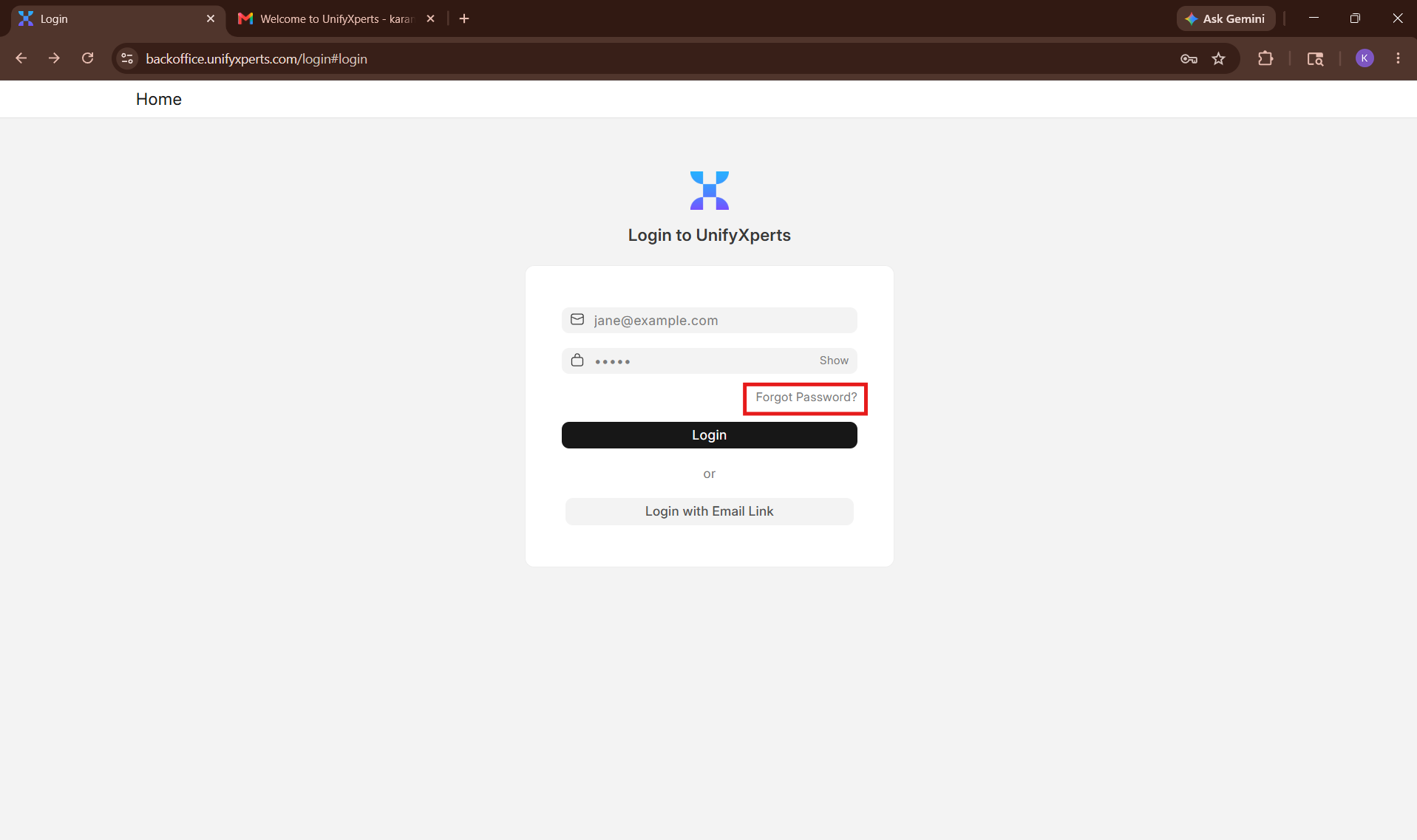 Login page with Forgot Password button highlighted